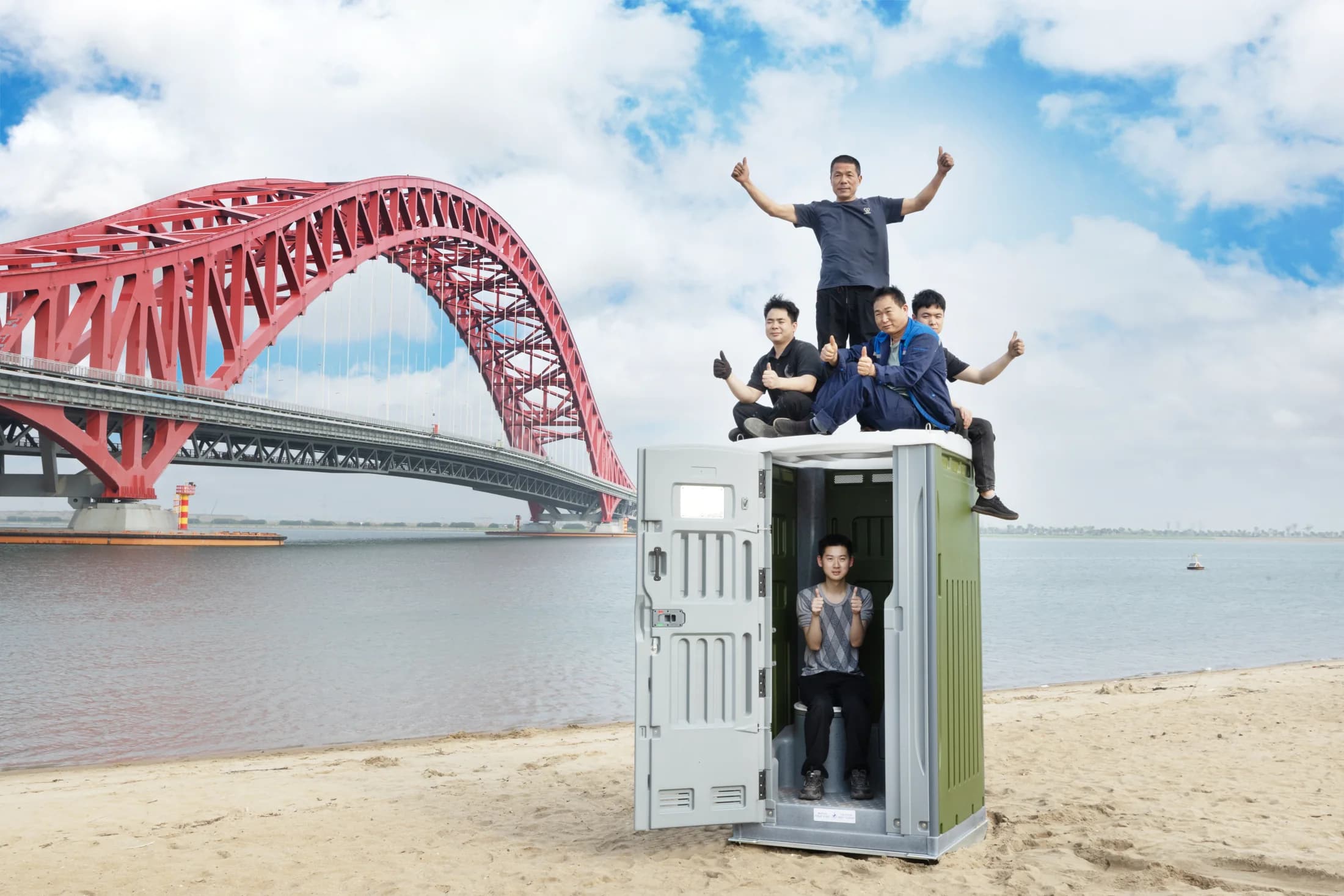 Sunrise team testing HDPE portable toilet roof strength near bridge