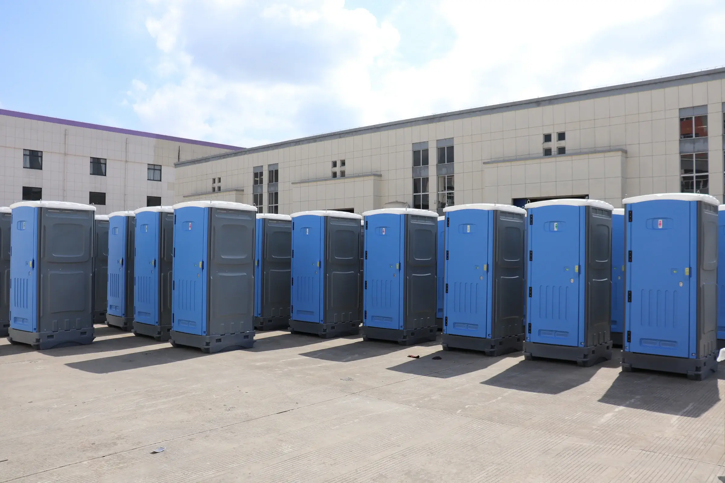 Sunrise HDPE portable toilets prepared for export in the factory yard
