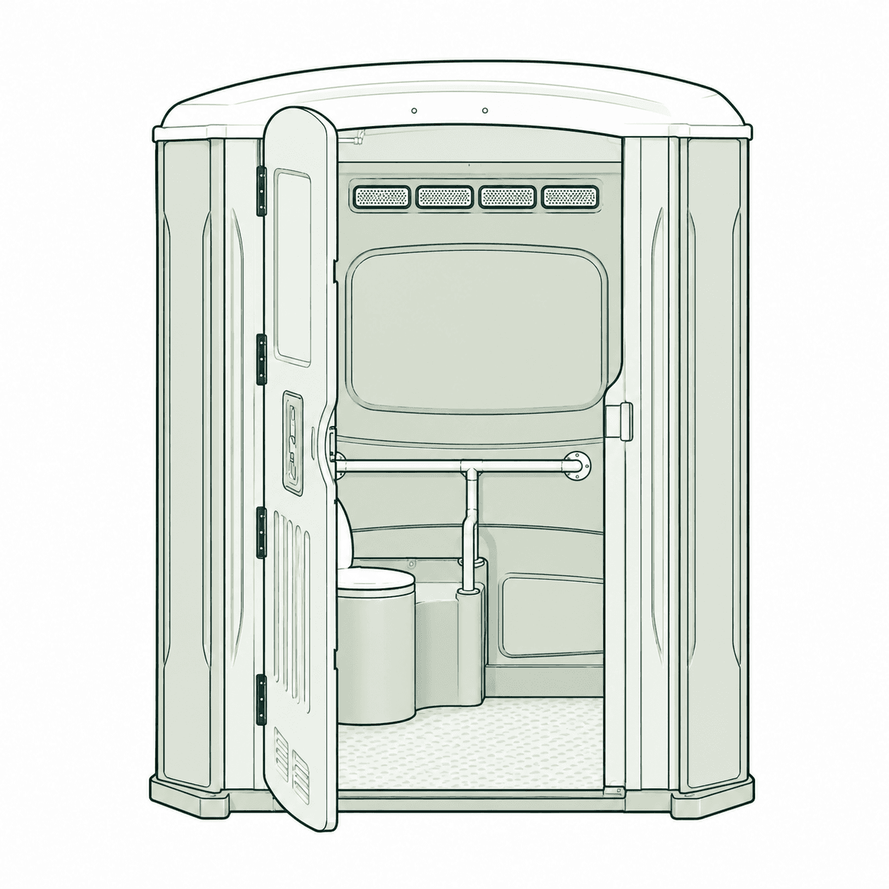 Line illustration of an accessible portable toilet cabin
