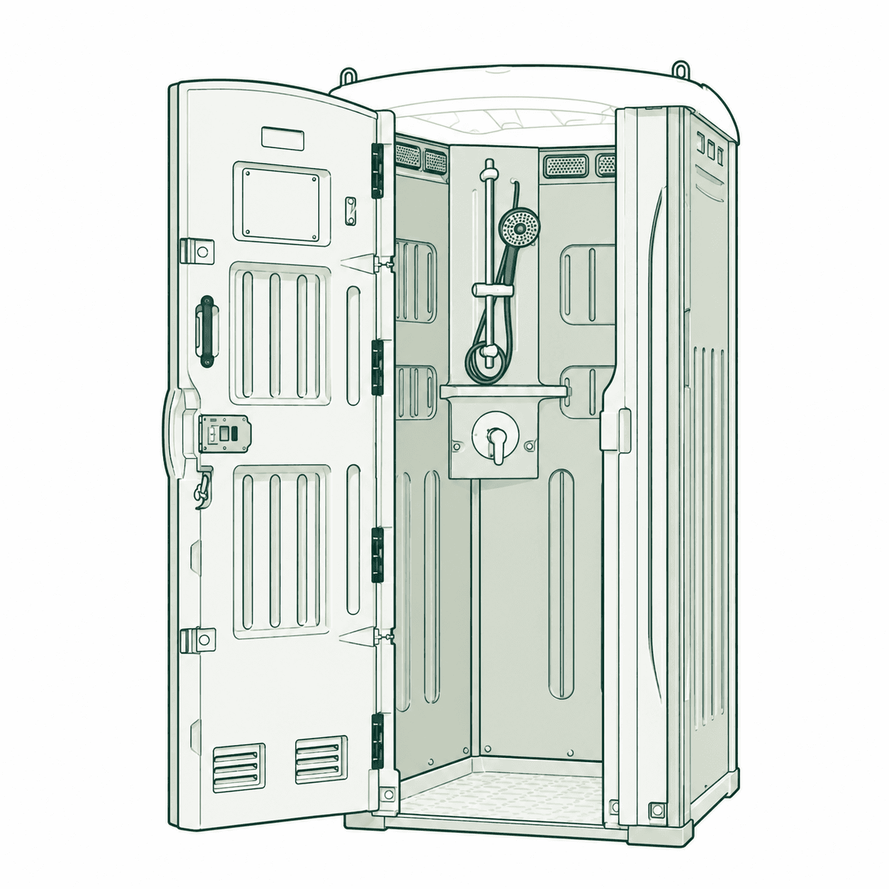 Line illustration of a portable shower cabin