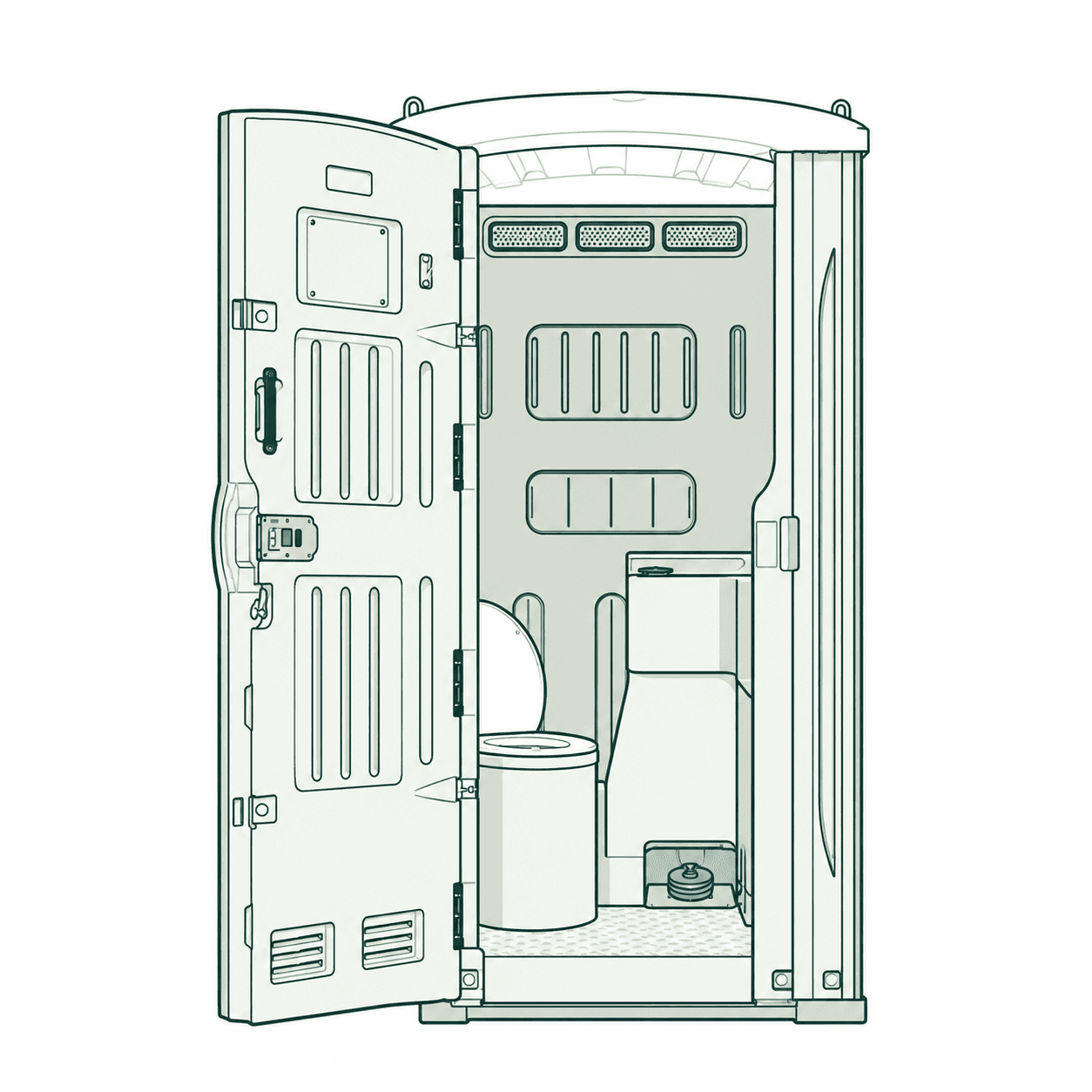Line illustration of a Sunrise portable toilet cabin